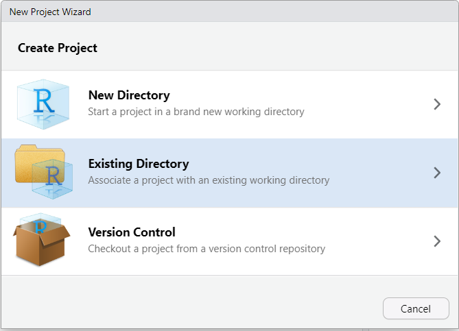 A screenshot of the popup that appears when you select to make a New Project from the RStudio file menu. The 'Existing Directory' option is highlighted in blue, indicating this is the option that should be selected if you have already made a folder.