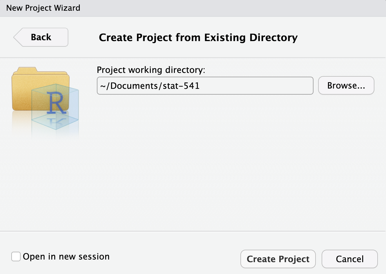 A screenshot of the popup that appears when you select the Existing Directory option from the New Project popup wizard. There is a printed file path that says '~/Documents/stat-541' indicating that the project should be included in the stat-541 folder that lives in the Documents folder of this computer. The 'Browse...' button on the right hand side allows the user to click on it and navigate to the location of the existing folder.