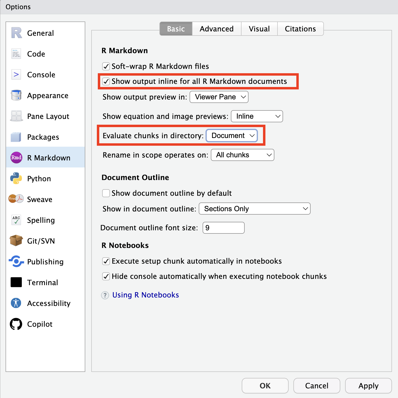 A screenshot of the Global options screen, specifically focusing on the 'R Markdown' section of the options. There is a red box around the option for 'Show output inline for all R Markdown documents.' and the box on the left hand side is checked indicating that this option is turned on. There is a second red box around the 'Evaluate chunks in directory:' option where there is a drop down menu for where Quarto should assume the files you are referencing should be searched for. The option selected is 'Document' which means that external files should be searched for relative to the Quarto document instead of the Project.