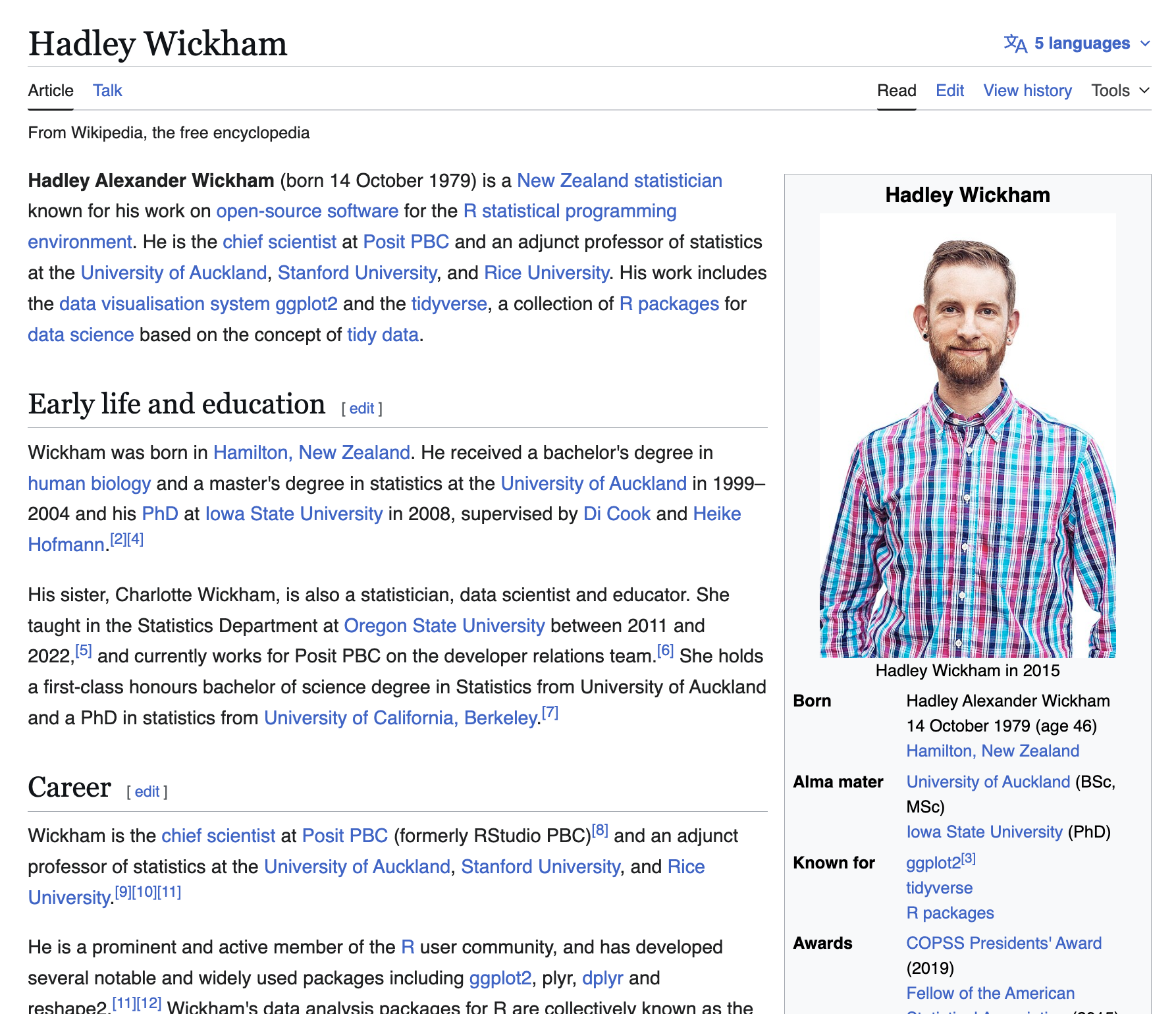 A screenshot of the Wikipedia page for Hadley Wickham. On the right side of the page, there is a gray box with a photo of Hadley, followed by a list of information about Hadley (e.g., birthday, alma matter, what he is known for, what awards he has won).