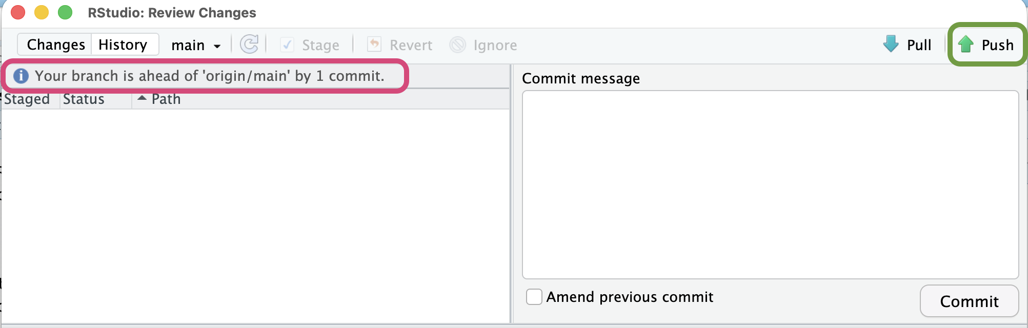 A screenshot of the Commit popup window after clicking 'Commit'. The popup window now shows no files but has a message above the files: 'Your branch is ahead of origin/main by 1 commit,' indicating that there are changes that were staged locally that haven't been pushed to GitHub. The upper right corner has a 'Push' button that is highlighted in green. This is the button that must be pushed to send the local changes to the remote GitHub repository.