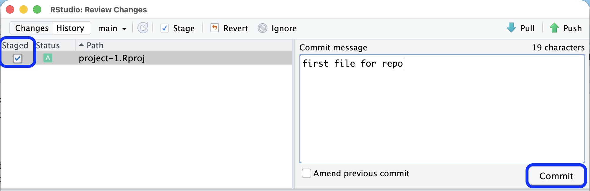 A screenshot of the popup window that opens when you select 'Commit' on the Git tab. On the left, the popup shows the file that is being staged, as indicated by the box that is checked next to the file name. On the right, the commit message for the file is displayed, describing the changes made to the file: 'first file for repo'. Finally, the 'Commit' button at the bottom of the commit message box is hightlighted in blue, indicating it should be clicked once the file has been stages and a message has been written.