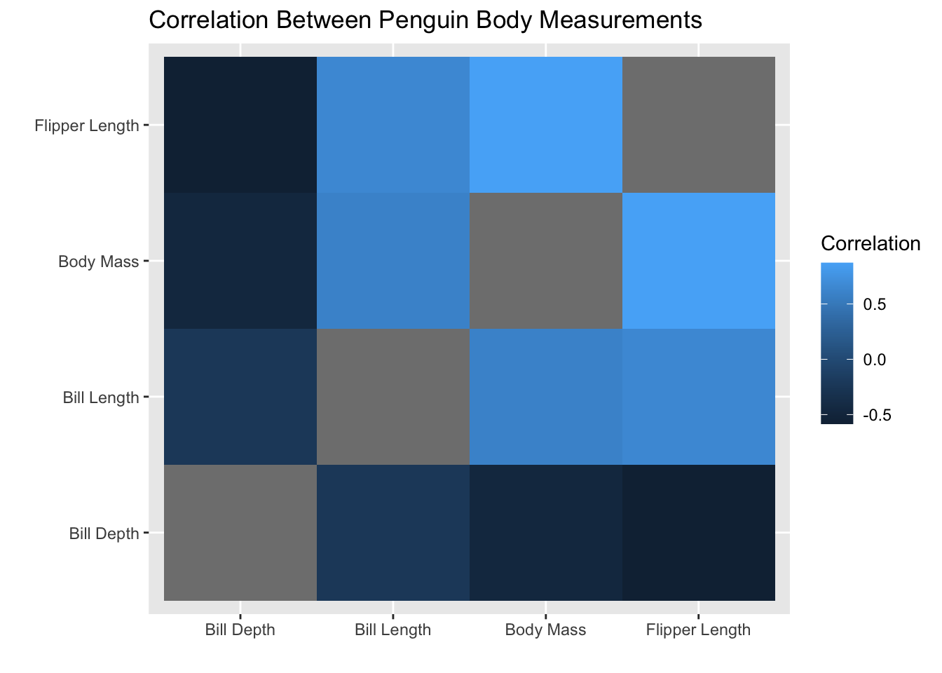 Heatmap titled ‘Correlation Between Penguin Body Measurements’. Both axes list four numeric variables: Bill Depth, Bill Length, Body Mass, and Flipper Length. Each cell is shaded to show the correlation between a pair of variables, with darker blue indicating stronger positive correlation and darker gray indicating negative correlation. The diagonal cells are gray, representing NA values for each variable correlated with itself. Flipper Length and Body Mass show a strong positive correlation. Bill Length is moderately positively correlated with Body Mass and Flipper Length. Bill Depth shows negative correlations with the other measurements, especially with Flipper Length and Body Mass. The heatmap highlights the overall pattern of positive associations among size-related measures and negative associations involving bill depth.