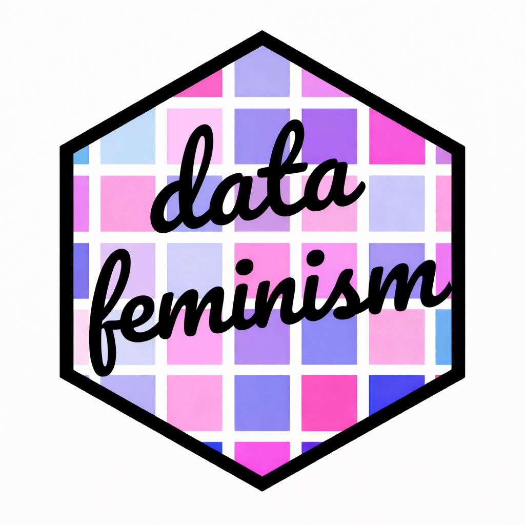 A hexagon with a black outline and a pattern of blue, purple, and pink squares in the center. The center of the hexagon says data feminism in cursive writing.