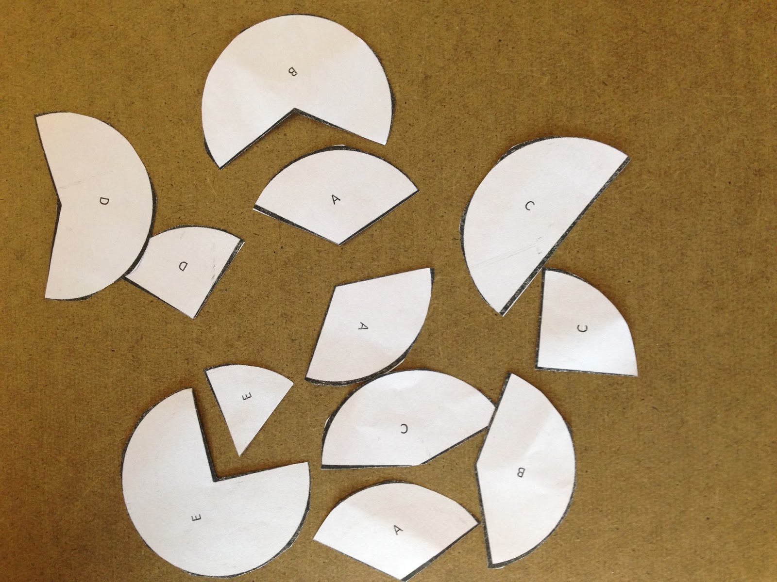 An image of whit e circles with slices cut out. The pieces are labeled A, B, C, D, and E to indicate how they should be assembled to create a complete circle.
