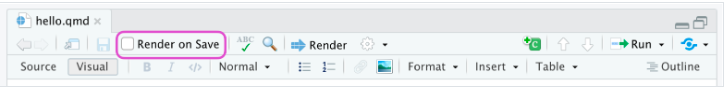 The image shows a toolbar from an RStudio or Quarto editor interface, similar to the previous one. At the top, the filename 'hello.qmd' is displayed, indicating the file being worked on is a Quarto Markdown document. In this image, the 'Render on Save' option is highlighted with a pink outline, indicating that it is selected or being emphasized. This feature automatically triggers rendering of the document every time it is saved, which is useful for seeing updates to the output in real-time without manually pressing the 'Render' button. In addition to the 'Render on Save' option, the toolbar also includes the 'Render' button, formatting tools, and options for switching between 'Source' and 'Visual' editing modes. Other options for running code chunks, adjusting formatting, and inserting elements are also visible, but the main focus here is on the 'Render on Save' functionality.