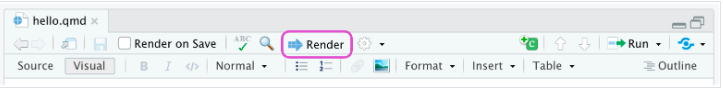 The image shows the toolbar from an RStudio or Quarto editor interface. At the top, it displays the filename 'hello.qmd' (indicating a Quarto Markdown file). There are several options visible in the toolbar, and a specific button labeled 'Render' is highlighted with a pink outline. This 'Render' button is used to generate the final output (such as HTML, PDF, or other formats) based on the Quarto document. Additionally, there is an option for 'Render on Save,' which allows automatic rendering whenever the document is saved. The toolbar also includes options for adjusting the view between 'Source' and 'Visual' modes, formatting tools, inserting content, and running code chunks. The image emphasizes the 'Render' function, which is essential for compiling and viewing the Quarto document's output.