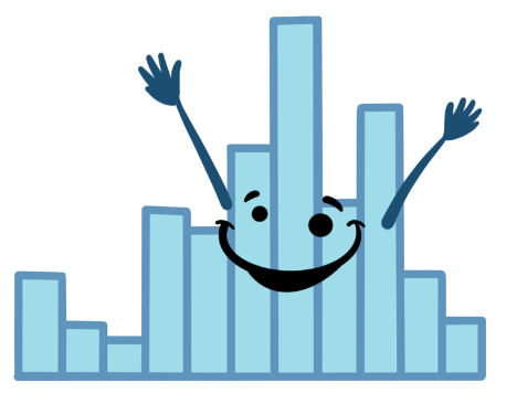 A picture of a histogram (with blue bars) that a smiling face has been superimposed on top of. The smiling face also has arms extending upward above the histogram bars.