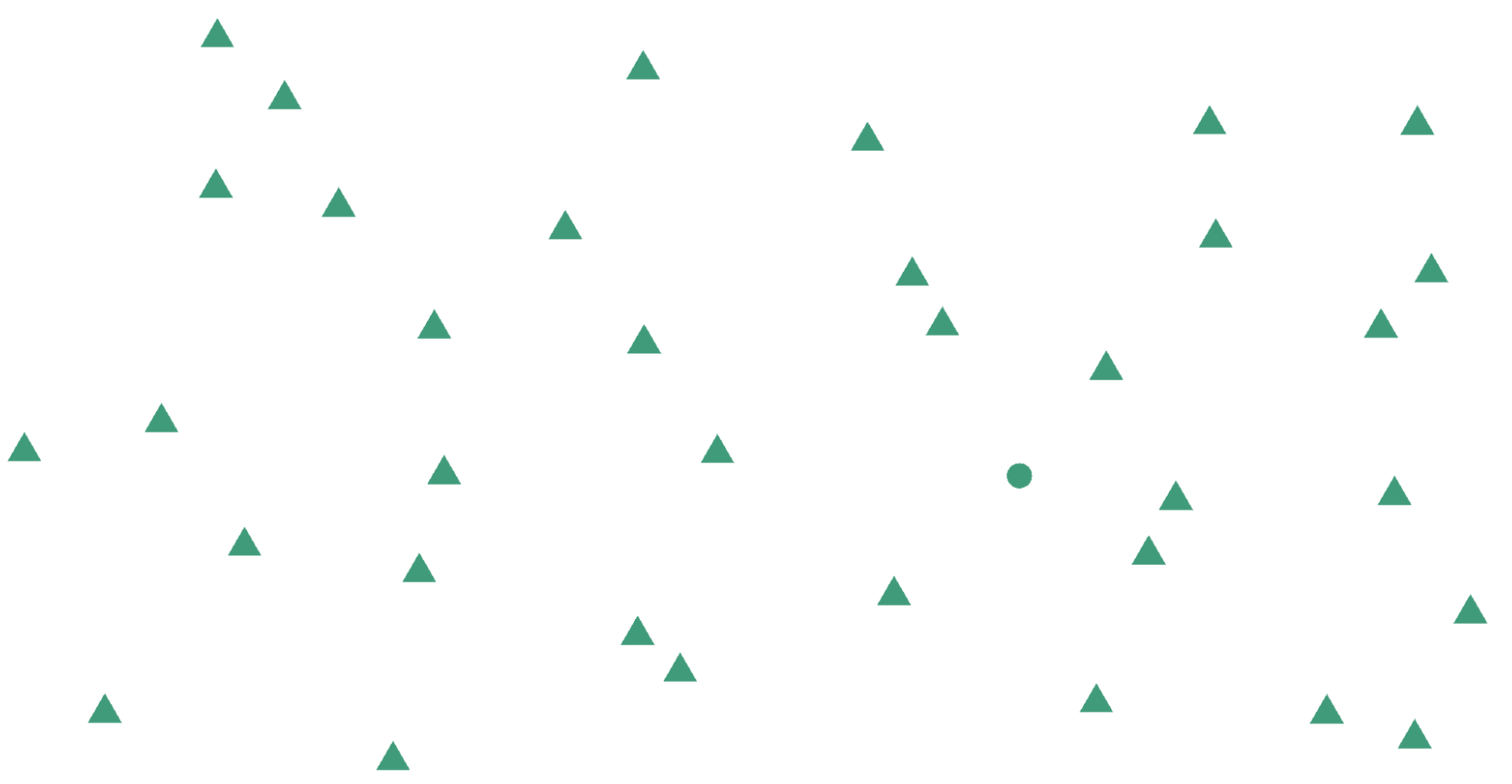 A white background scattered with various green triangles and a single green circle. The triangles are evenly spaced but randomly oriented and positioned, with no apparent pattern or alignment. The single circle stands out among the triangles due to its different shape.