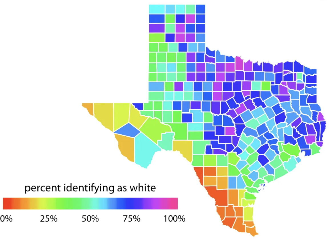This image is a color-coded map of Texas, showing the percentage of people in each county who identify as white. The map uses a rainbow gradient scale to represent different percentages: red and orange for lower percentages (0% to 25%), transitioning through yellow and green (around 50%), to blue and purple for higher percentages (75% to 100%). Each county in Texas is colored according to where it falls on this scale, indicating the variation in racial identification across the state. The legend at the bottom of the map clarifies the percentage range associated with each color.