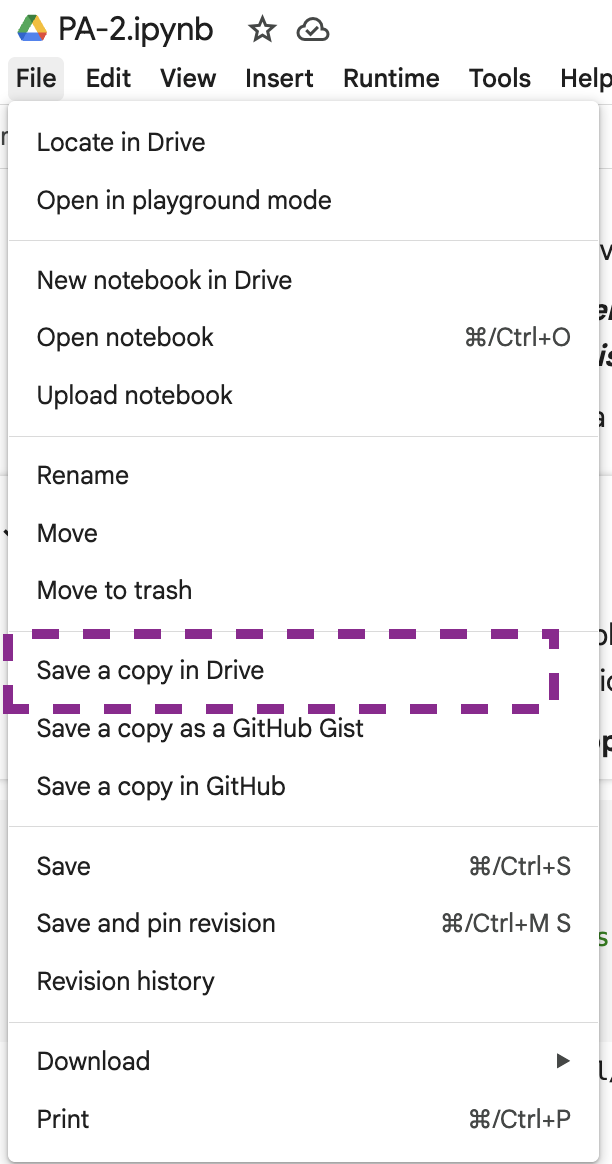 A screenshot of the options provided when you click on the File pane within Google Colab. The option to save a copy in Drive is highlighted, to demonstrate how each student needs to make a copy of the notebook before sharing it with their partner.