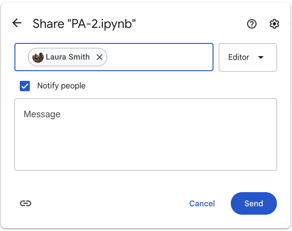 A screenshot of the options provided when you click on the Share pane (in the upper right corner) within Google Colab. The user has typed in a Gmail address to share it with Laura Smith, who will receive an email with a link to the document when the Notify option is checked.