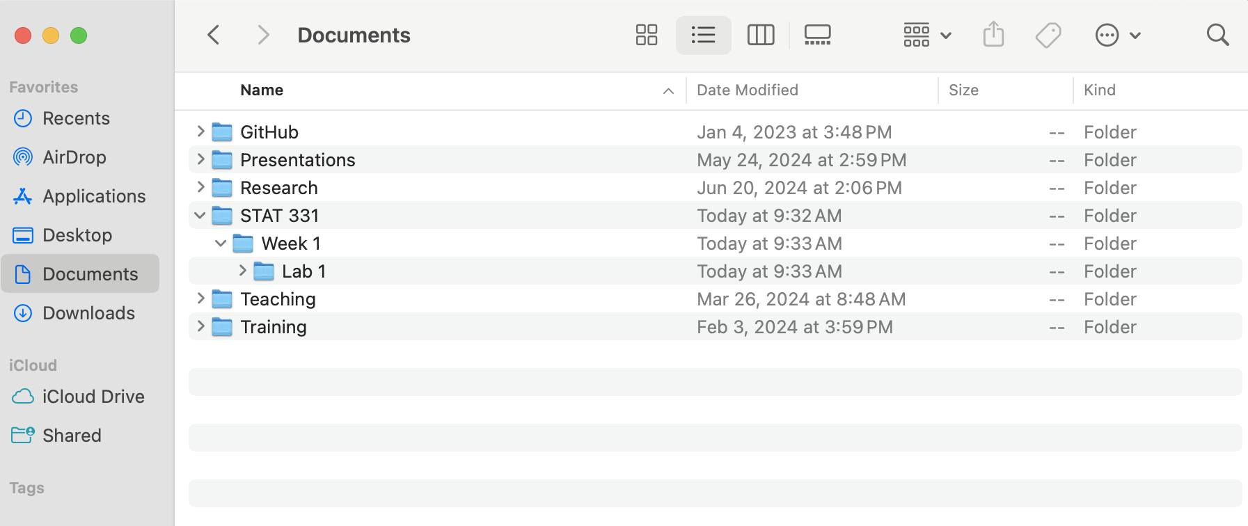 A screenshot of the folders included in the Documents on Dr. Theobold's Mac. The image shows six folders, with the subfolder structure highlighted for the folder named 'STAT 331'.