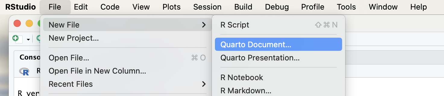 A screenshot of the dropdown options for creating a new Quarto document. The image shows the options under the 'File' menu (in the upper option bar), the 'New File' option in the 'File' menu has been selected, opneing a popout. In the popout options, the cursor is highlighting the 'Quarto Document' option.