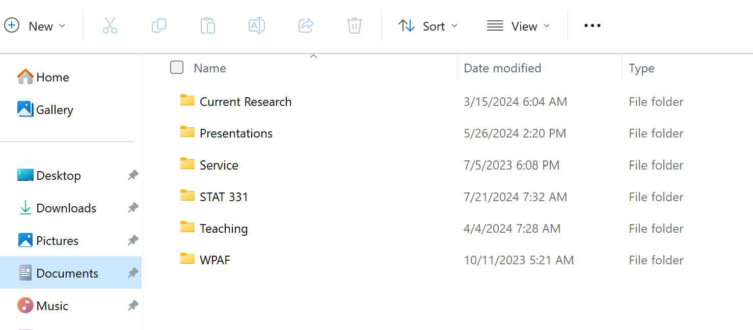 A screenshot of the folders included in the Documents on Dr. Theobold's PC. The image shows six folders, including a folder titled 'STAT 331'.