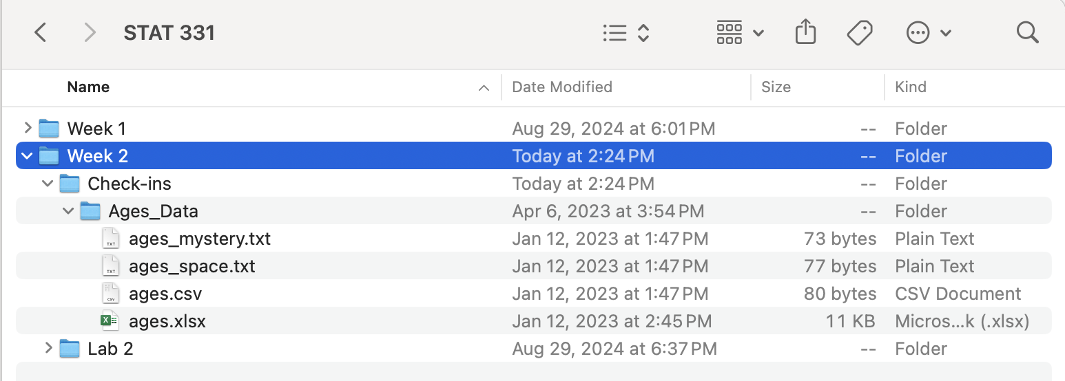 A screenshot of the folder structure of my STAT 331 folder. The STAT 331 folder lives in my documents and has two main folders--Week 1 and Week 2. The Week 2 folder is expanded to show that I have a subfolder named 'Check-ins' that lives inside the Week 2 folder. The expanded folders also show that inside the Check-ins folder (inside the Week 2 folder) there is an 'Agest_Data' folder, which contains four different datasets--ages_mystery.txt, ages_space.txt, ages.csv, and ages.xlsx.