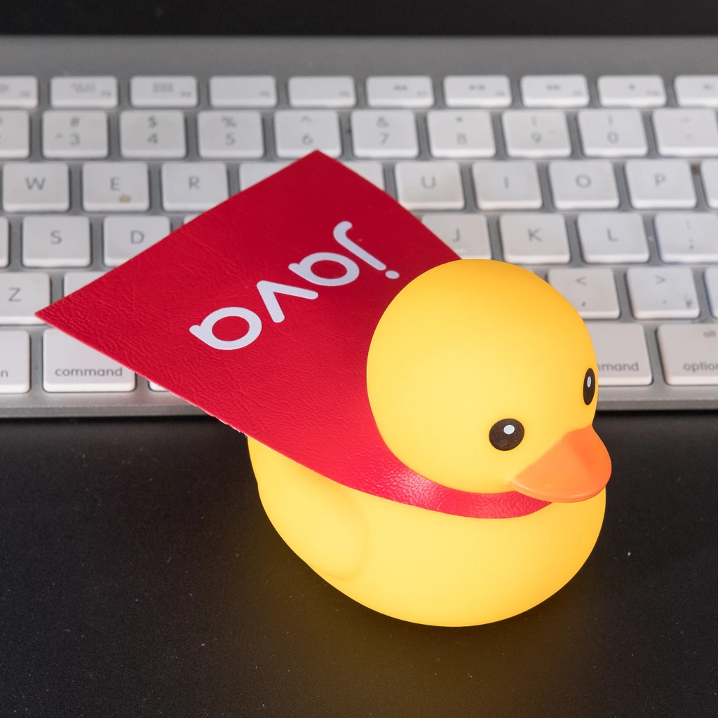 An image of a rubber duck with a red cape saying 'java'.