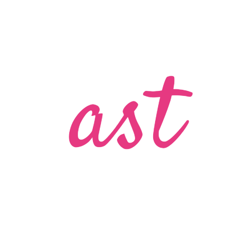 The initials 'AST' written in pink text.