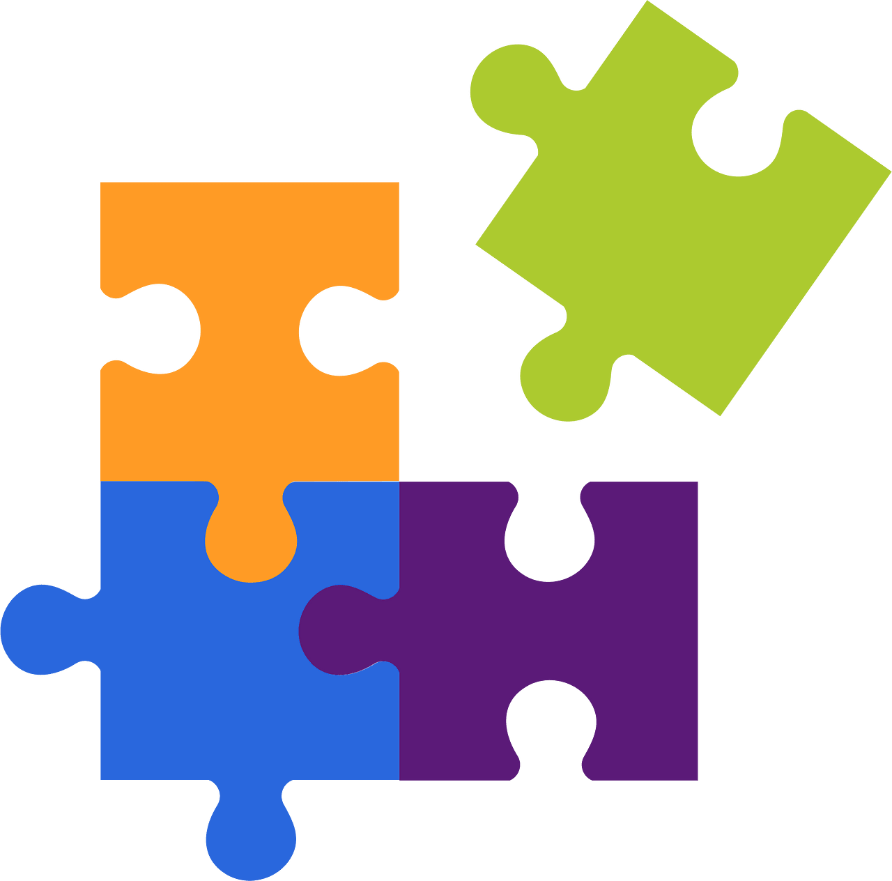 Four colored puzzle pieces where three of the four have been linked together and the fourth (green) piece is about to be placed with the other pieces.