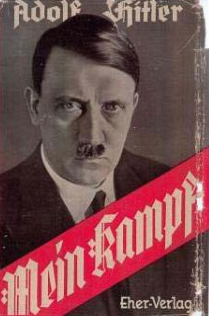An image of Adolf Hitler in front of his book Mein Kampf.