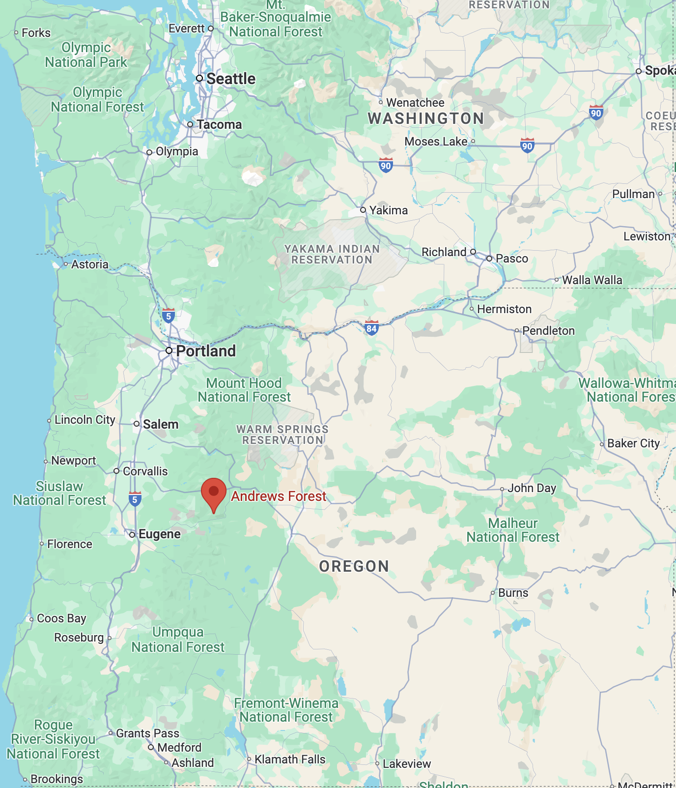 A map displaying the location of the HJ Andrews Experimental Forest in Oregon. The forest is closest to Eugene, Oregon.