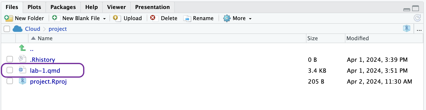 A screenshot of the lower right hand panel of Posit Cloud. The image displays the documents listed under the 'Files' tab, with lab-1.qmd (a Quarto file) higlighted in a purple box.